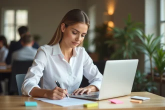 Femme concentrée organisant ses tâches sur un bureau minimaliste pour optimiser son efficacité au travail