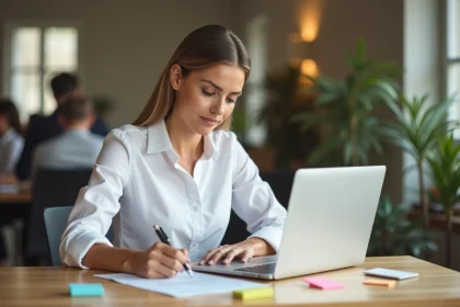 Femme concentrée organisant ses tâches sur un bureau minimaliste pour optimiser son efficacité au travail