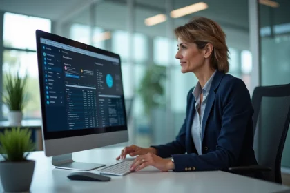 Femme professionnelle personnalisant la page d'accueil de l'intranet Inetum sur un ordinateur de bureau en open space