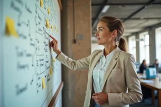 Femme professionnelle élaborant un plan marketing sur un tableau blanc dans un bureau moderne