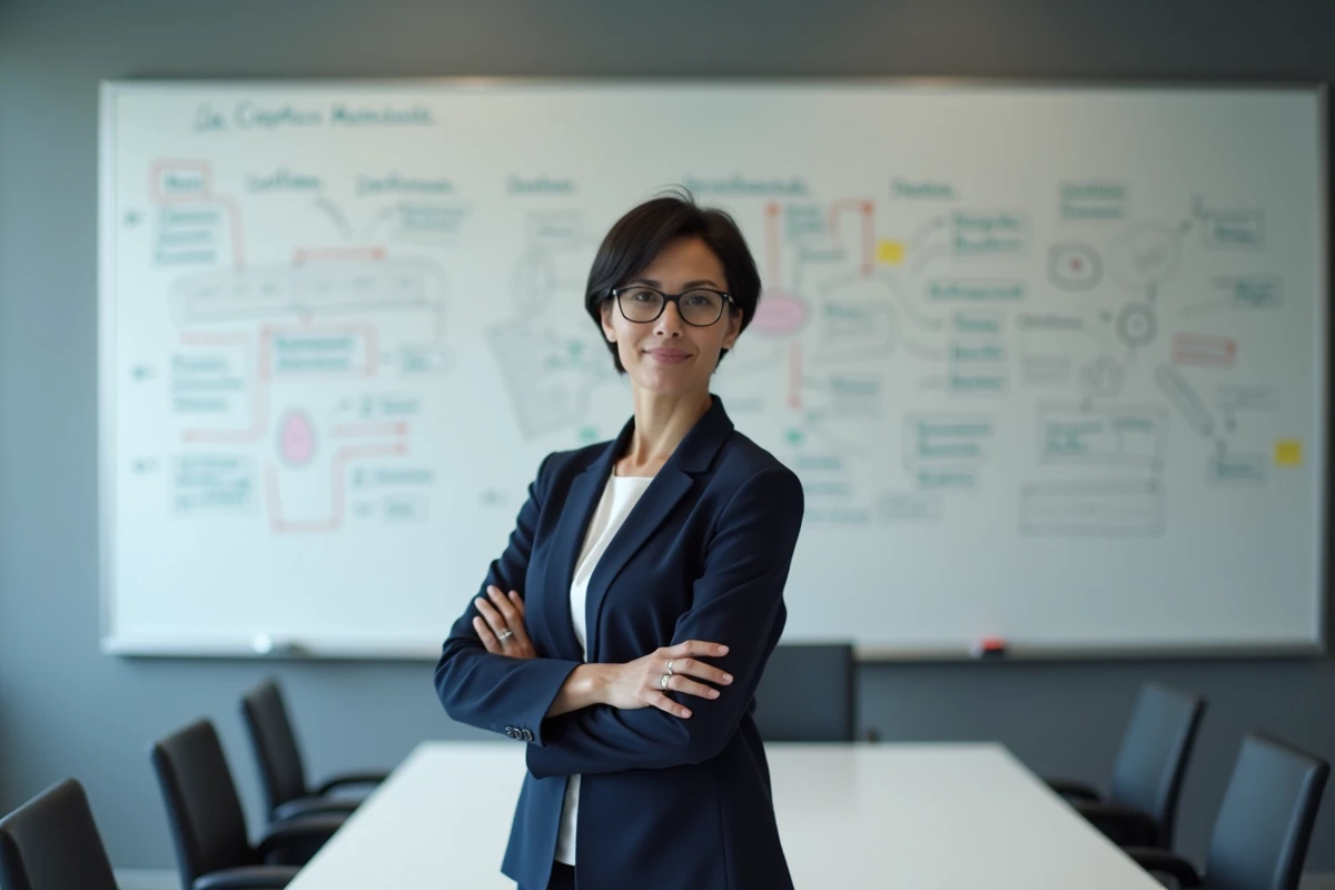 Femme cadre présentant un cadre de projet CNR devant un tableau blanc avec des schémas de planification dans une salle institutionnelle