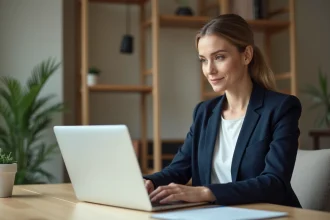 Femme professionnelle rédigeant un email de disponibilité pour un entretien d'embauche depuis son bureau à domicile