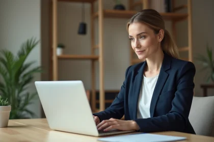 Femme professionnelle rédigeant un email de disponibilité pour un entretien d'embauche depuis son bureau à domicile