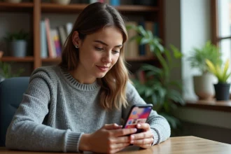 Femme consultant une publicité vidéo sur Facebook depuis son smartphone au bureau à domicile