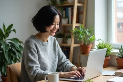 Femme en télétravail tapant sur son ordinateur portable dans un bureau à domicile cosy avec des plantes et des livres