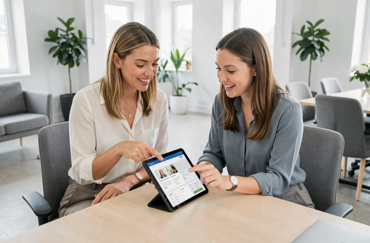 Deux femmes comparant des offres de marques sur une tablette dans un espace de coworking