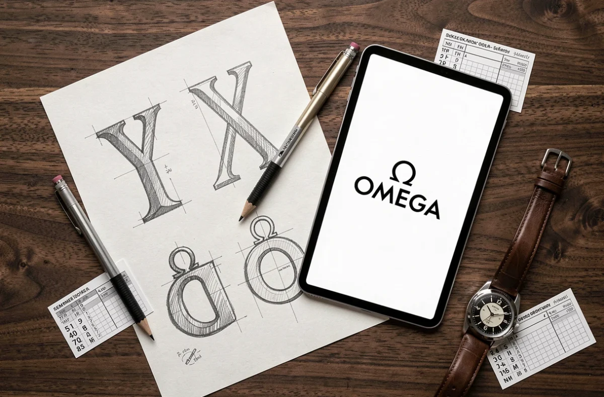 Vue du dessus d'un flat lay créatif avec croquis du logo Omega, tablette vectorielle et montre suisse sur bureau en bois