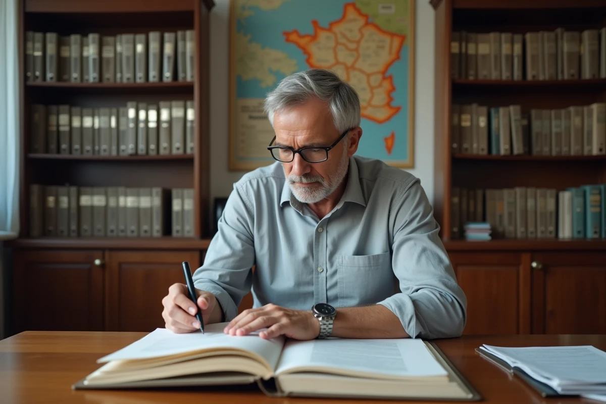 Fonctionnaire masculin analysant un dossier officiel de projet CNR dans un bureau municipal français avec des classeurs administratifs en arrière-plan