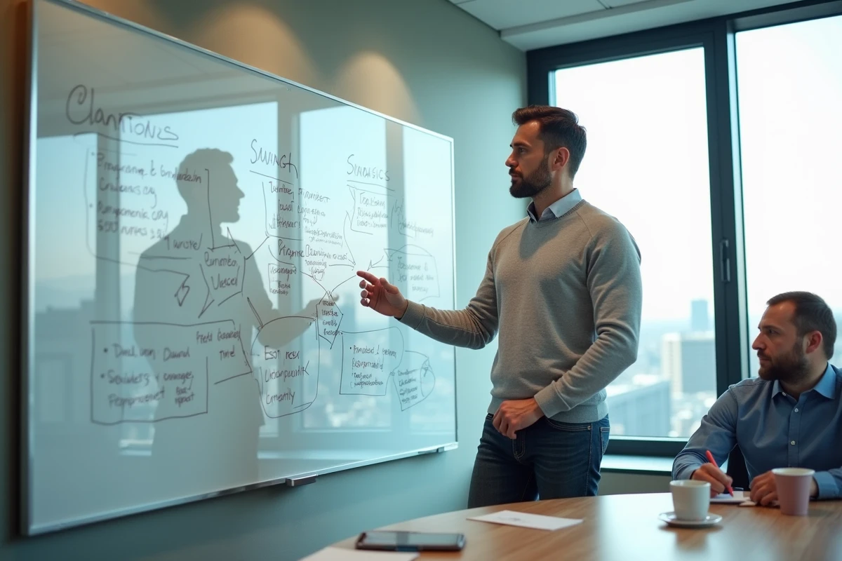 Fondateur de startup expliquant une stratégie de propriété intellectuelle sur un tableau blanc dans un incubateur d'entreprises