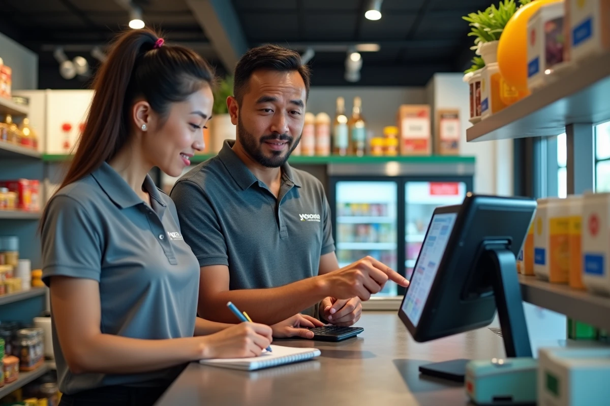 Deux employés de commerce consultant ensemble les paramètres du logiciel Menlog sur une caisse tactile murale
