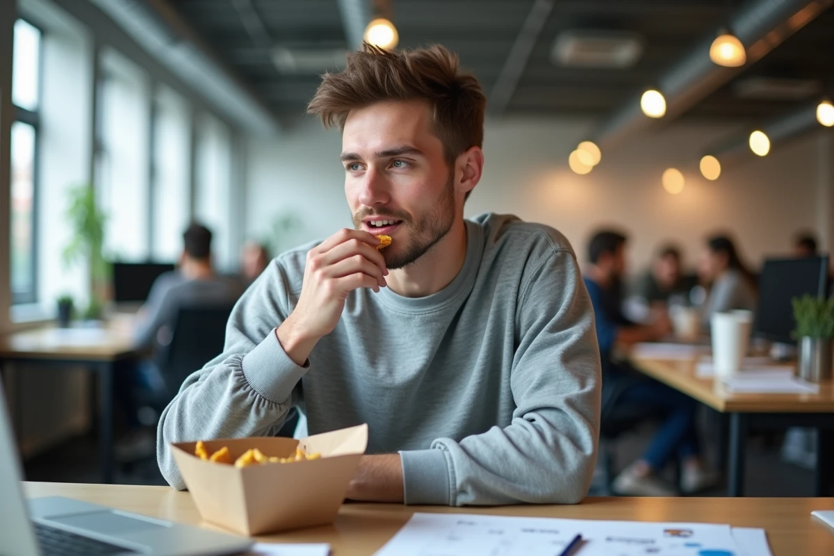 Jeune freelance mangeant un repas à emporter dans un espace de co-working, illustration des frais de repas pour les travailleurs indépendants