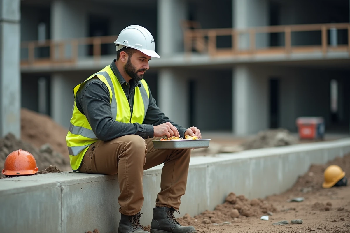 Ouvrier du bâtiment mangeant son repas sur un chantier de construction, représentant les travailleurs bénéficiant des frais de repas