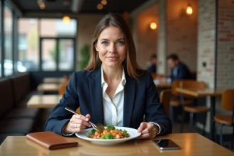 Femme cadre prenant un repas d'affaires au restaurant, éligible aux frais de repas professionnels