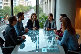 Groupe de citoyens français discutant de l'urbanisme et de l'avenir de la ville autour d'une table interactive dans un espace de coworking moderne à Paris