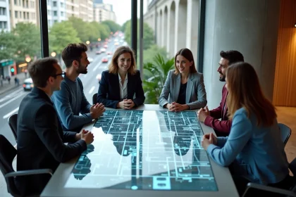 Groupe de citoyens français discutant de l'urbanisme et de l'avenir de la ville autour d'une table interactive dans un espace de coworking moderne à Paris