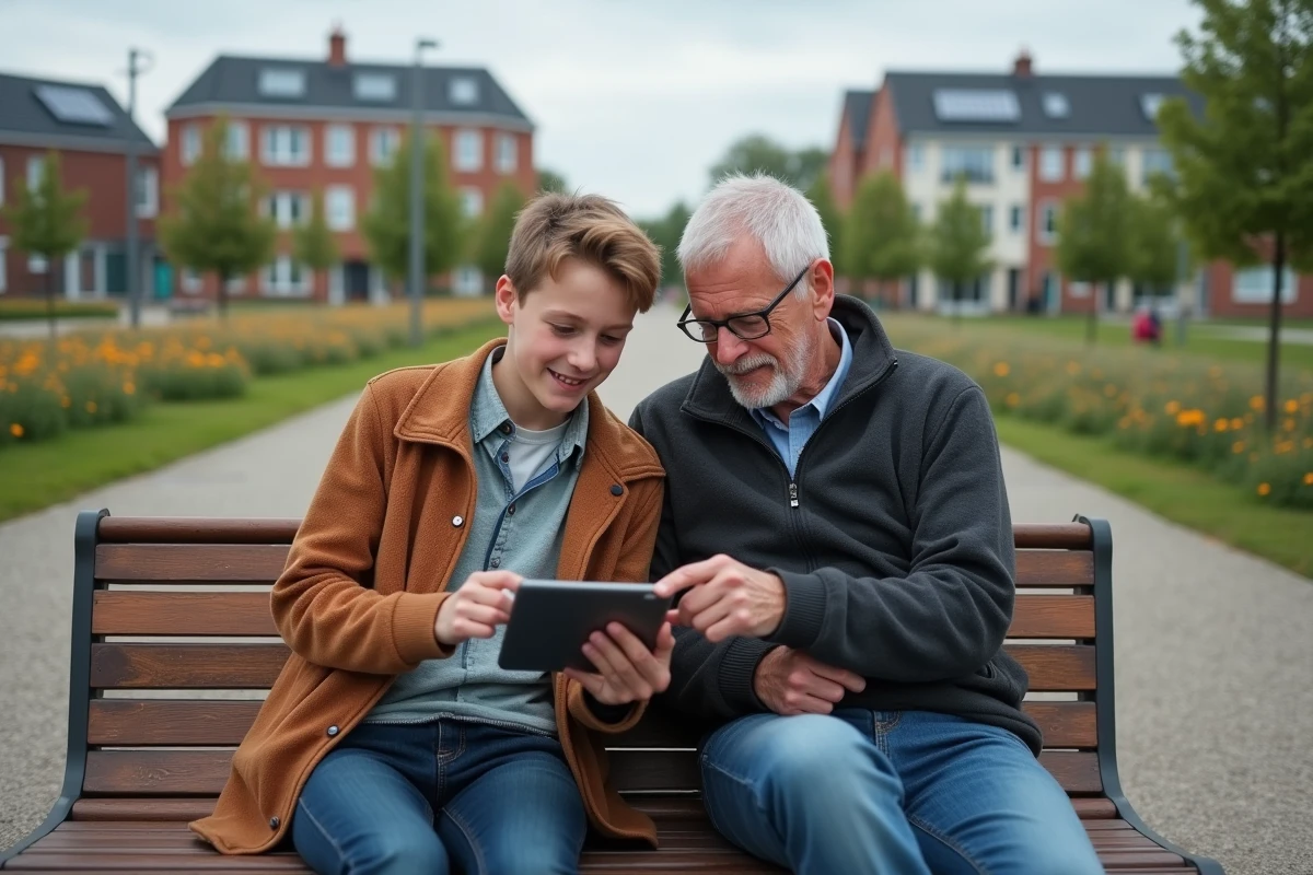 Un homme âgé et un adolescent français regardant une tablette ensemble dans un parc urbain rénové, symbolisant le lien intergénérationnel dans la France de demain