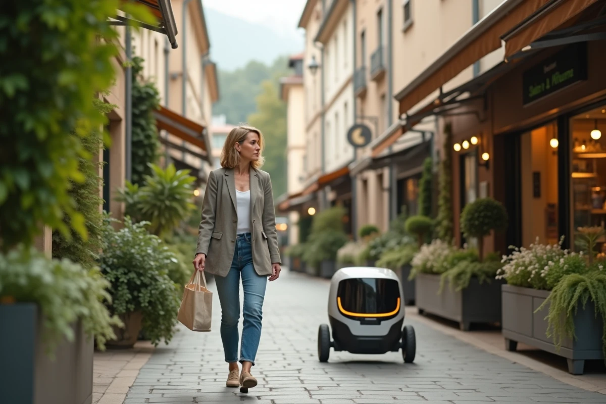 Femme française marchant dans une rue de marché rénovée avec jardins verticaux et mobilité douce, illustrant la France écologique de demain