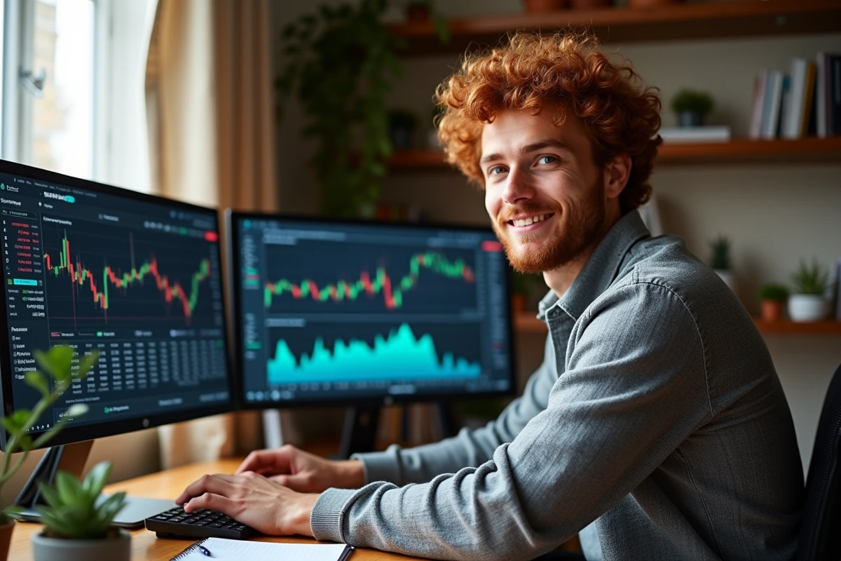 Une freelance travaille depuis chez elle et gère sa rémunération en cryptomonnaie sur un tableau de bord d'échange crypto