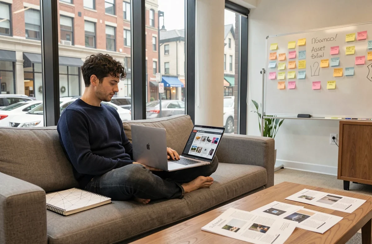 Graphiste d'agence utilisant une bibliothèque d'assets en ligne pour produire des créatifs plus rapidement en télétravail hybride