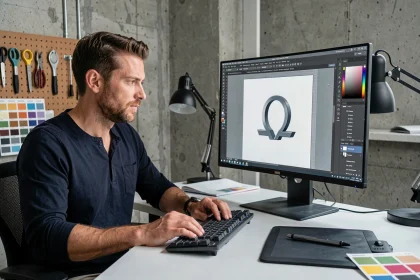 Graphiste masculin travaillant sur la recréation vectorielle du logo Omega sur un grand écran dans un studio de design moderne