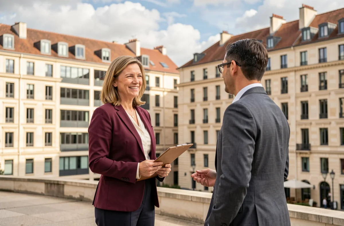 Consultante de Harry Hope Dijon accueillant un candidat devant un immeuble de bureaux contemporain à Dijon avec architecture bourguignonne