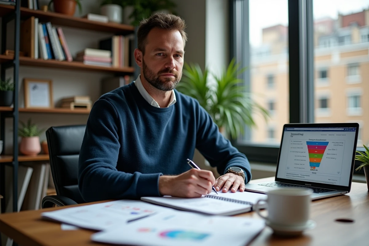 Homme assis à son bureau travaillant sur un plan marketing avec des rapports imprimés et un ordinateur portable