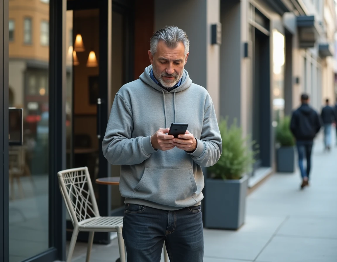 Homme au chômage consultant son téléphone devant un espace de coworking pour chercher une opportunité de travail