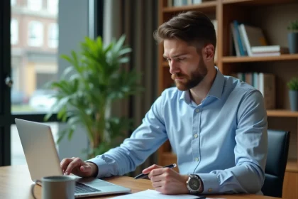 Homme au chômage travaillant sur des documents administratifs dans un bureau à domicile
