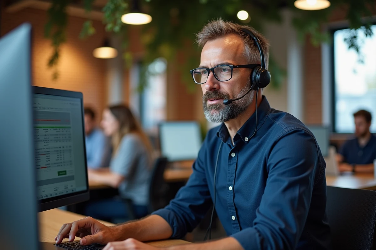 Homme en réunion virtuelle dans un espace de coworking moderne avec casque et double écran en télétravail