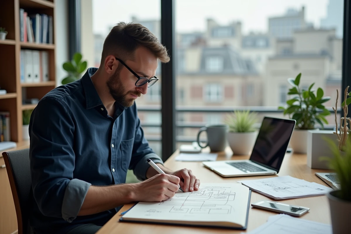 Homme concentré travaillant sur un carnet de croquis et un ordinateur portable dans un bureau à domicile lumineux, symbole d'innovation professionnelle