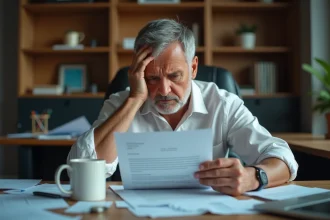 Homme stressé lisant une lettre de rachat de dette par un créancier à son bureau
