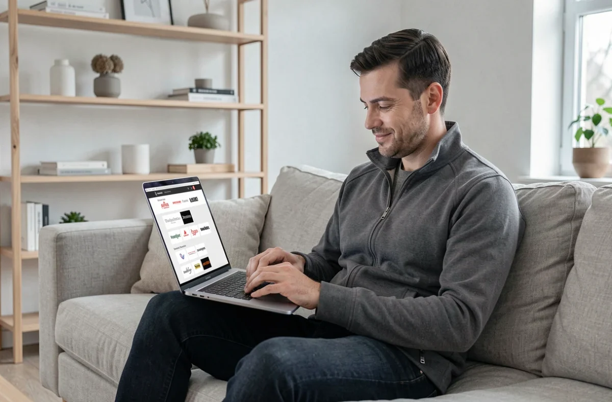 Homme satisfait consultant une liste de marques promotionnelles sur son ordinateur dans un salon moderne