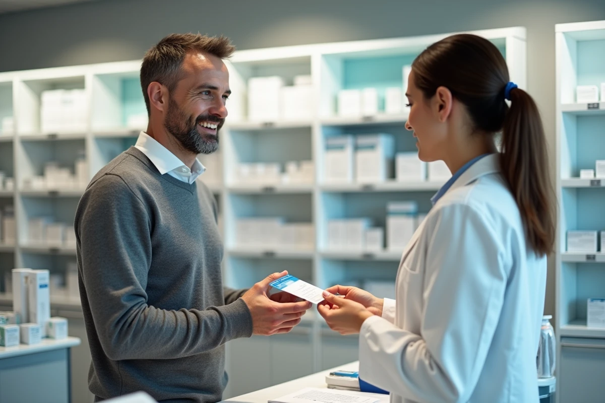 Homme demandant son numéro CIP à un pharmacien dans une pharmacie moderne