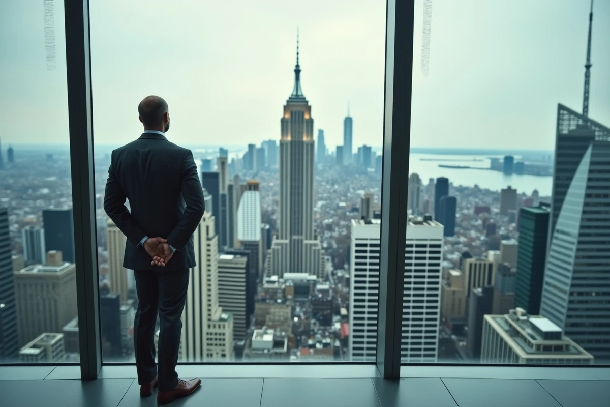 Homme d'affaires en costume gris regardant une skyline financière depuis un bureau en penthouse, symbolisant la fortune et le pouvoir économique de l'homme le plus riche du monde