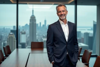 Portrait d'un homme d'affaires puissant en costume bleu marine dans une salle de réunion avec vue sur une skyline urbaine, illustrant le thème de l'homme le plus riche du monde en 2026