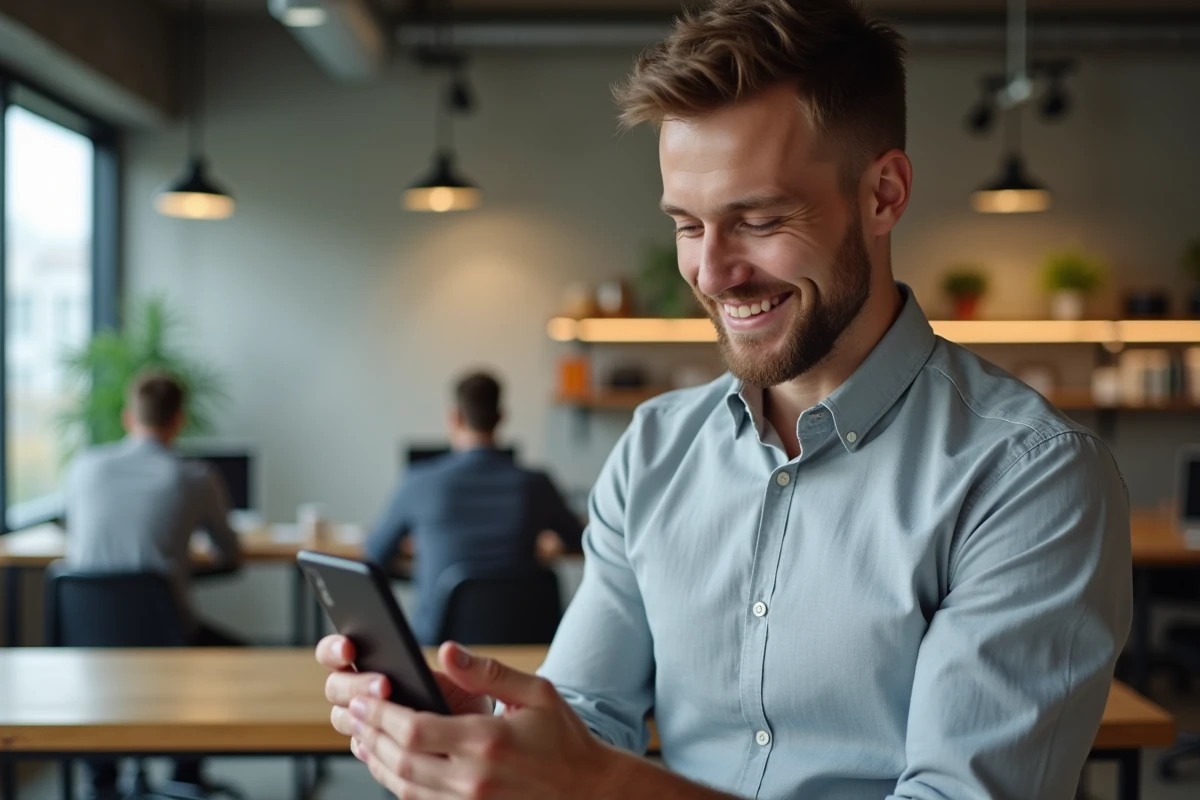 Homme consultant un message de recruteur sur son smartphone dans un espace de coworking moderne
