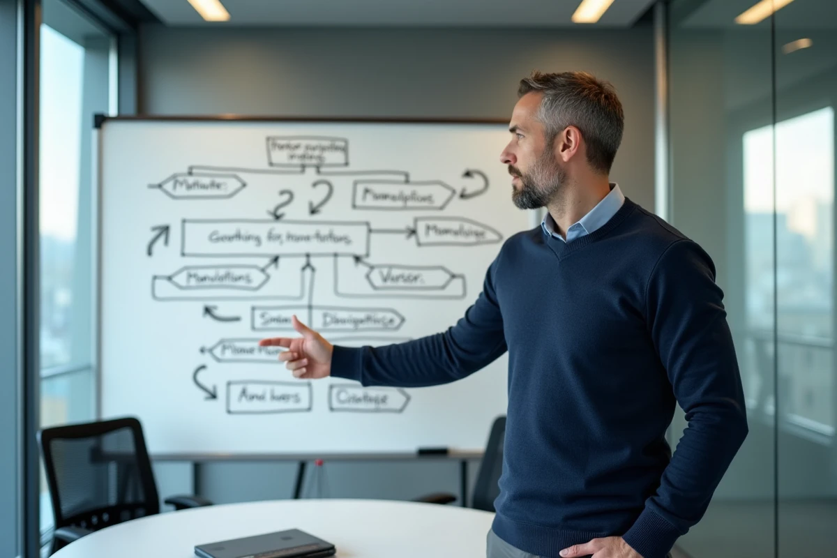 Homme d'affaires présentant un diagramme de flux de travail sur un tableau blanc pour améliorer l'efficacité organisationnelle