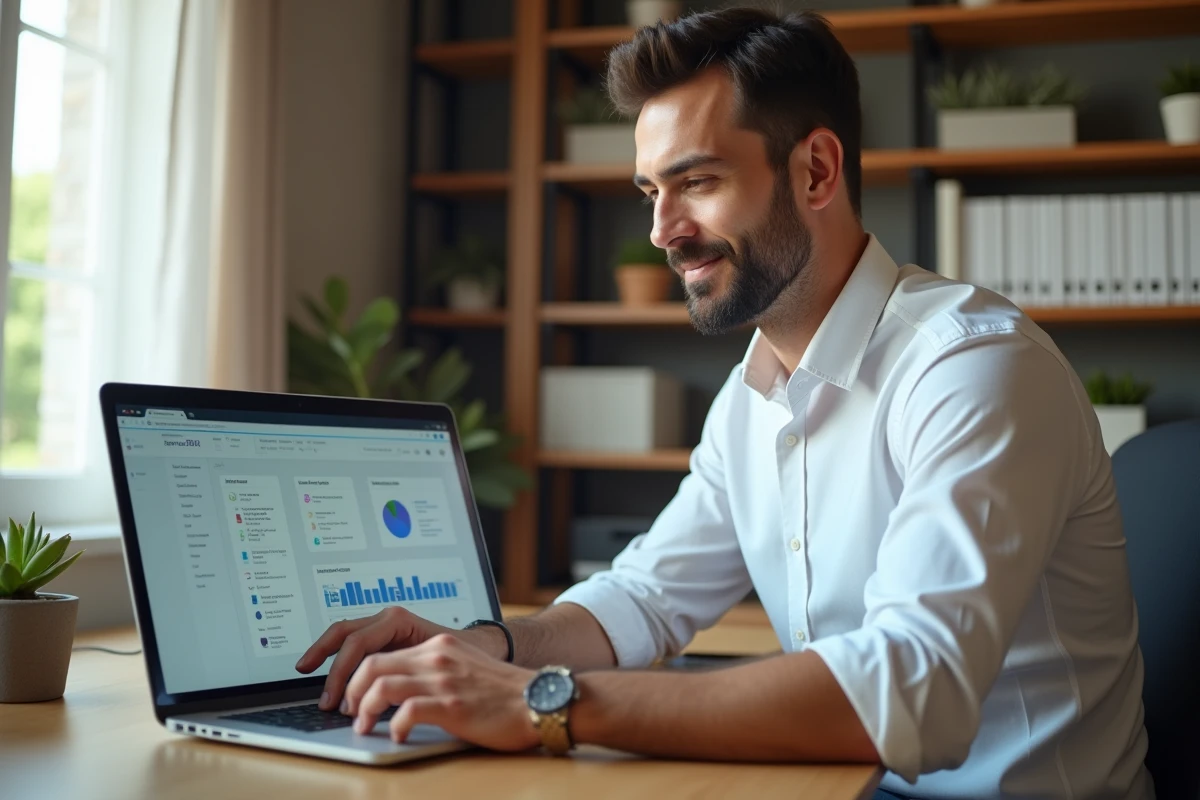 Homme en télétravail configurant les modules de sa page d'accueil intranet sur un ordinateur portable depuis son bureau à domicile