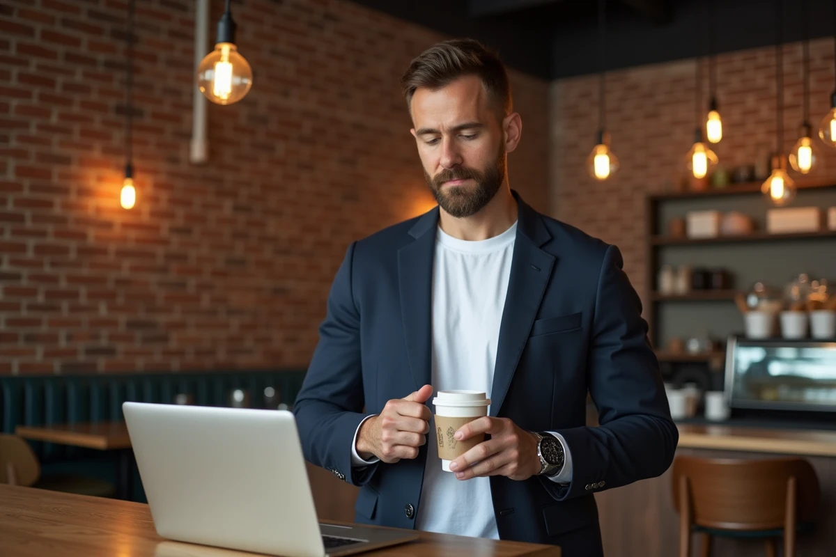 Influenceur masculin collaborant avec une marque dans un café urbain moderne lors d'une réunion de partenariat commercial