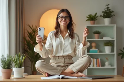 Jeune influenceuse filmant un contenu sponsorisé avec son smartphone dans un bureau à domicile moderne et minimaliste