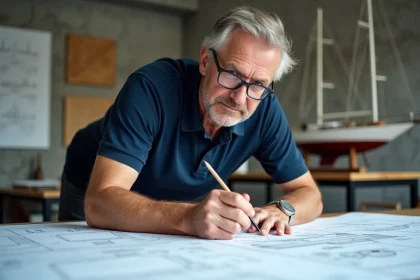 Ingénieur naval annotant des plans techniques de bateau dans un bureau de conception maritime moderne