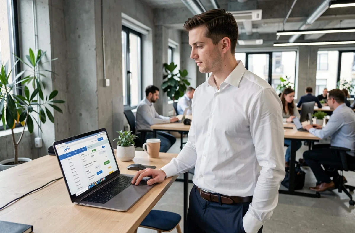 Jeune professionnel du droit recherchant des postes de notaire sur un ordinateur portable dans un espace de coworking moderne