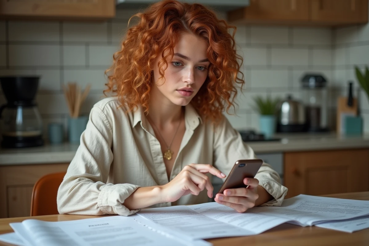 Jeune personne travaillant depuis sa table de cuisine avec documents et smartphone dans un appartement en télétravail