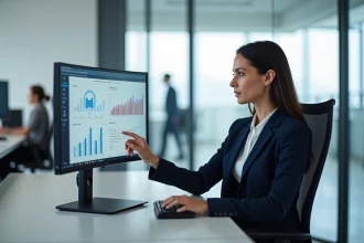Femme d'affaires professionnelle analysant un tableau de bord CRM sur un grand écran courbe dans un bureau moderne