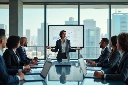 Dirigeante présentant une vision stratégique à son équipe dans une salle de réunion moderne, illustrant le leadership transformationnel chez Apple