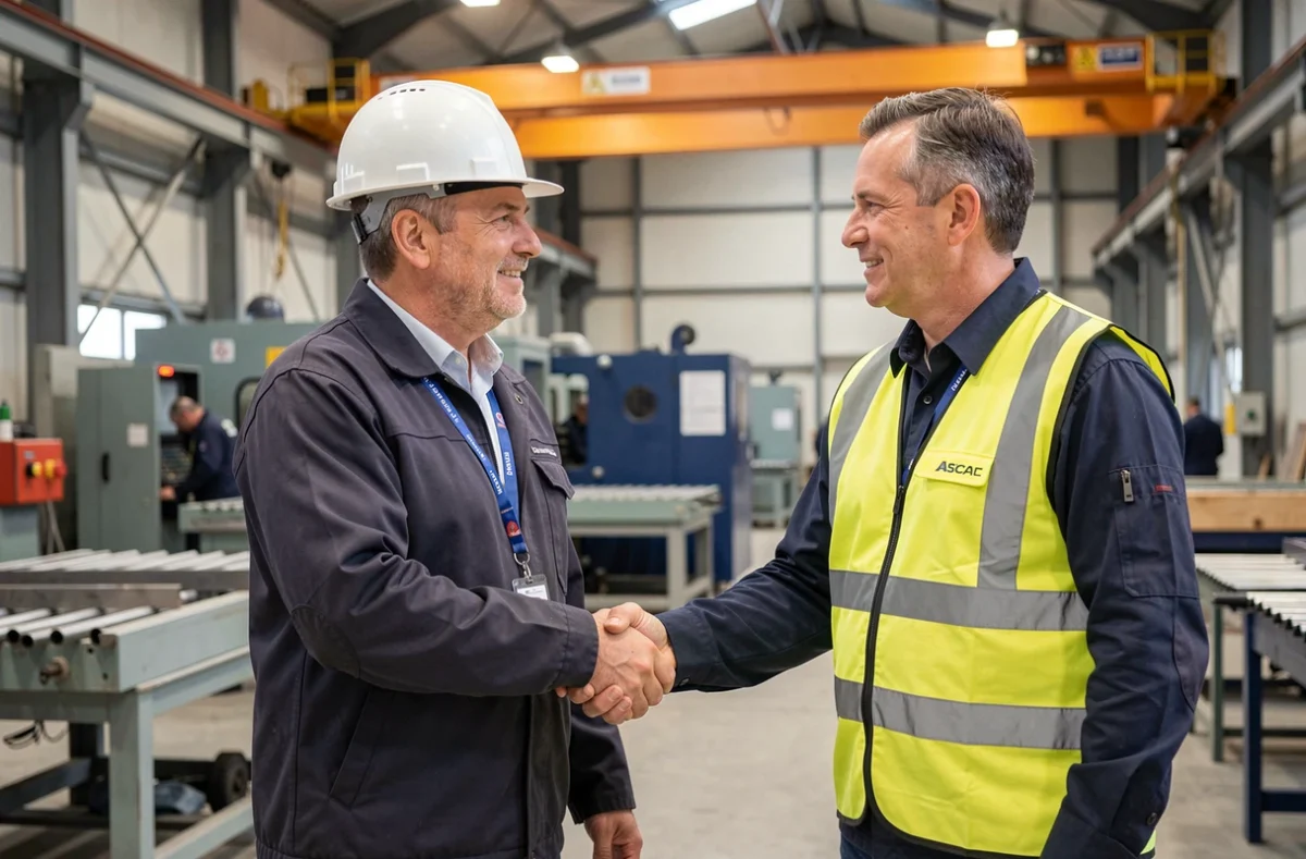Spécialiste en recrutement industriel de Lynkus serrant la main d'un responsable d'usine dans une installation industrielle en Bourgogne-Franche-Comté