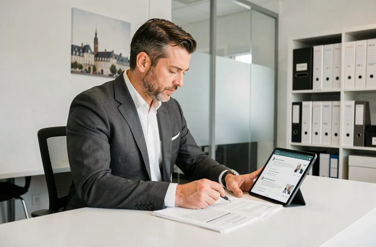 Recruteur de Lynx RH Dijon consultant des dossiers de candidats sur tablette dans un bureau épuré avec cloisons en verre dépoli
