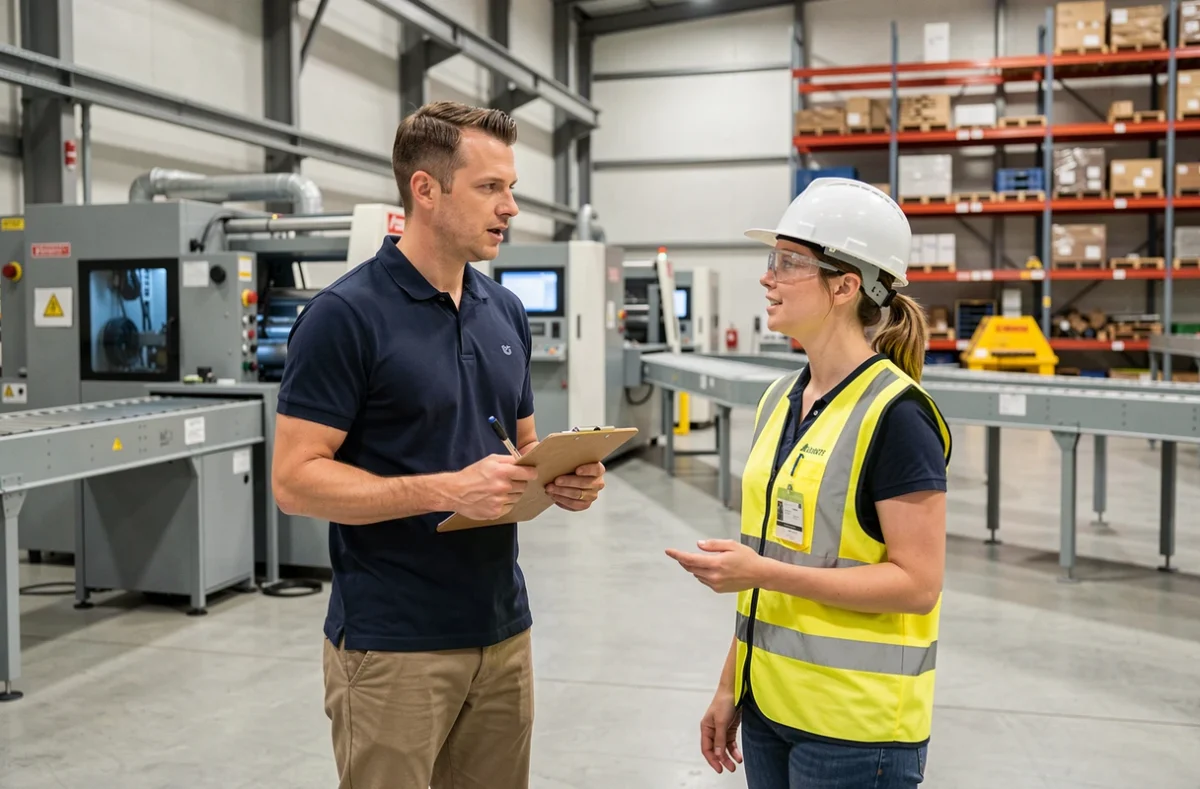 Consultant de Manpower Bourgogne-Franche-Comté discutant avec une ouvrière casquée sur le sol d'une usine industrielle moderne en Bourgogne