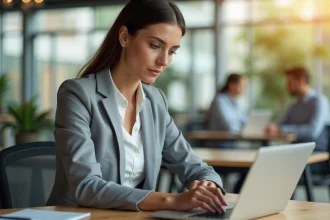Femme professionnelle consultant ses e-mails de réseautage le matin sur un ordinateur portable au bureau