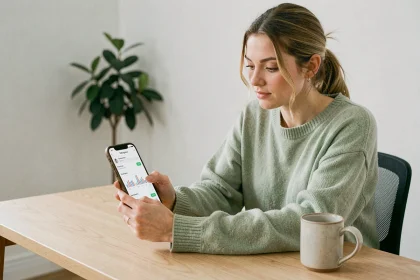 Jeune femme consultant les statistiques Instagram sur son smartphone dans un bureau minimaliste, illustrant les meilleures heures pour poster sur Instagram